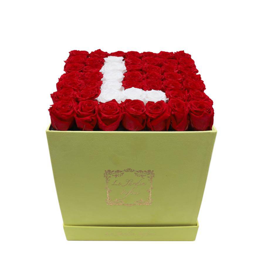 Letter L White & Red Preserved Roses - Large Square Luxury Yellow Suede Box - Le Jardin Infini Roses in a Box