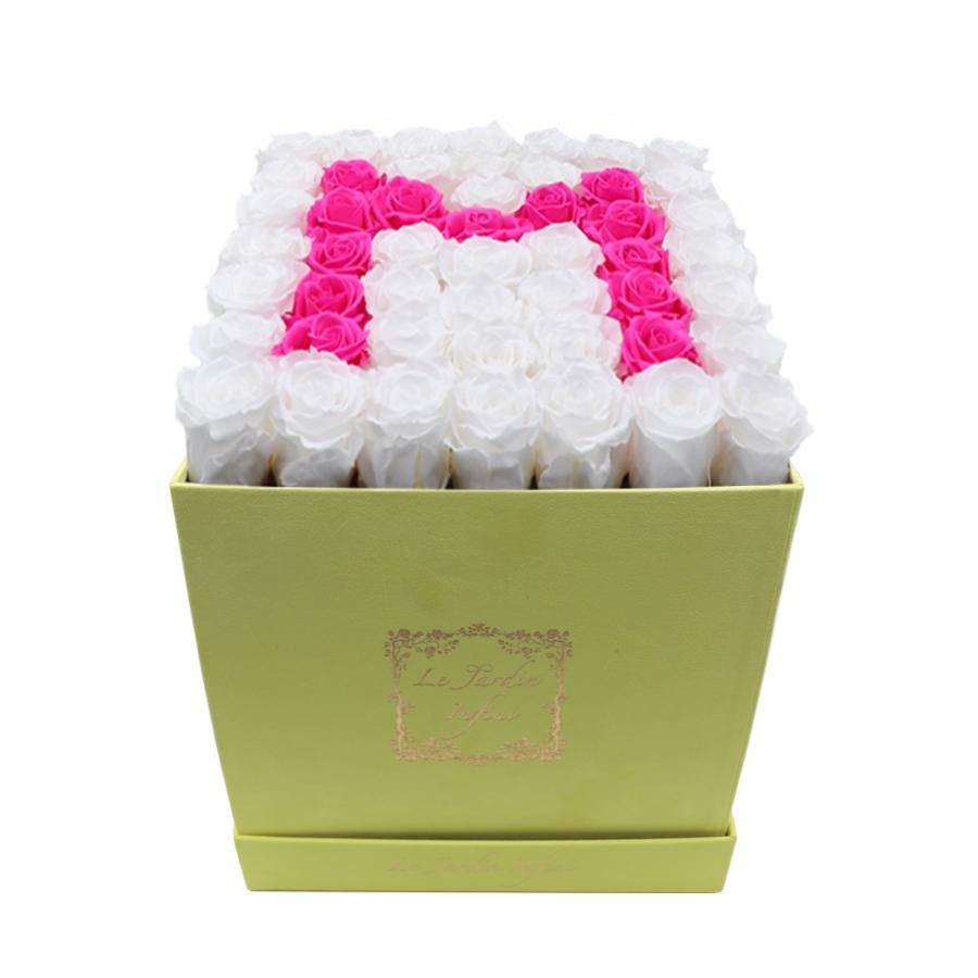 Letter M Hot Pink & White Preserved Roses - Large Square Luxury Yellow Suede Box - Le Jardin Infini Roses in a Box