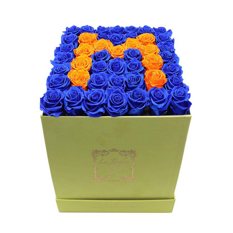 Letter M Royal Blue & Orange Preserved Roses - Large Square Luxury Yellow Suede Box - Le Jardin Infini Roses in a Box