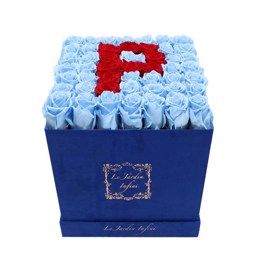 Letter P Red & Blue Preserved Roses Eternal Flowers - Large Square Luxury Blue Suede Box - Le Jardin Infini Roses in a Box