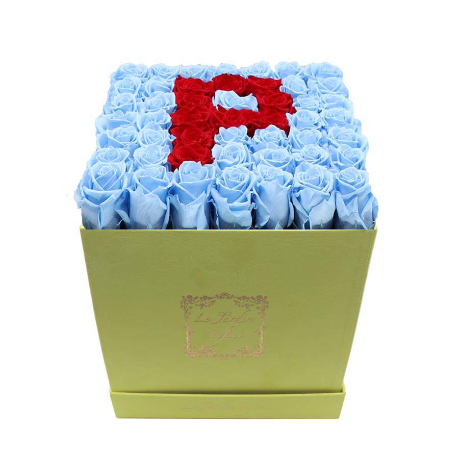 Letter P Red & Blue Preserved Roses Eternal Flowers - Large Square Luxury Yellow Suede Box - Le Jardin Infini Roses in a Box