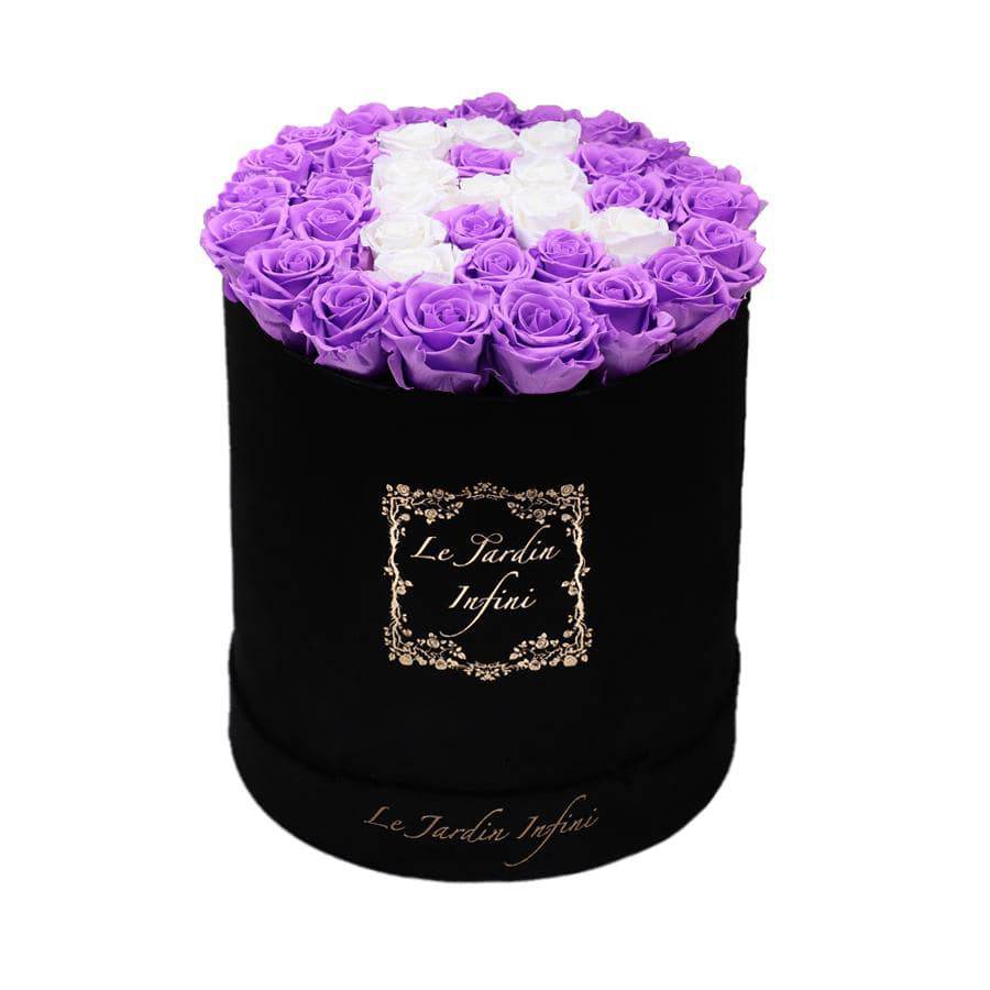 Letter R Bright Lilac & White Preserved Roses - Large Round Black Suede Box - Le Jardin Infini Roses in a Box