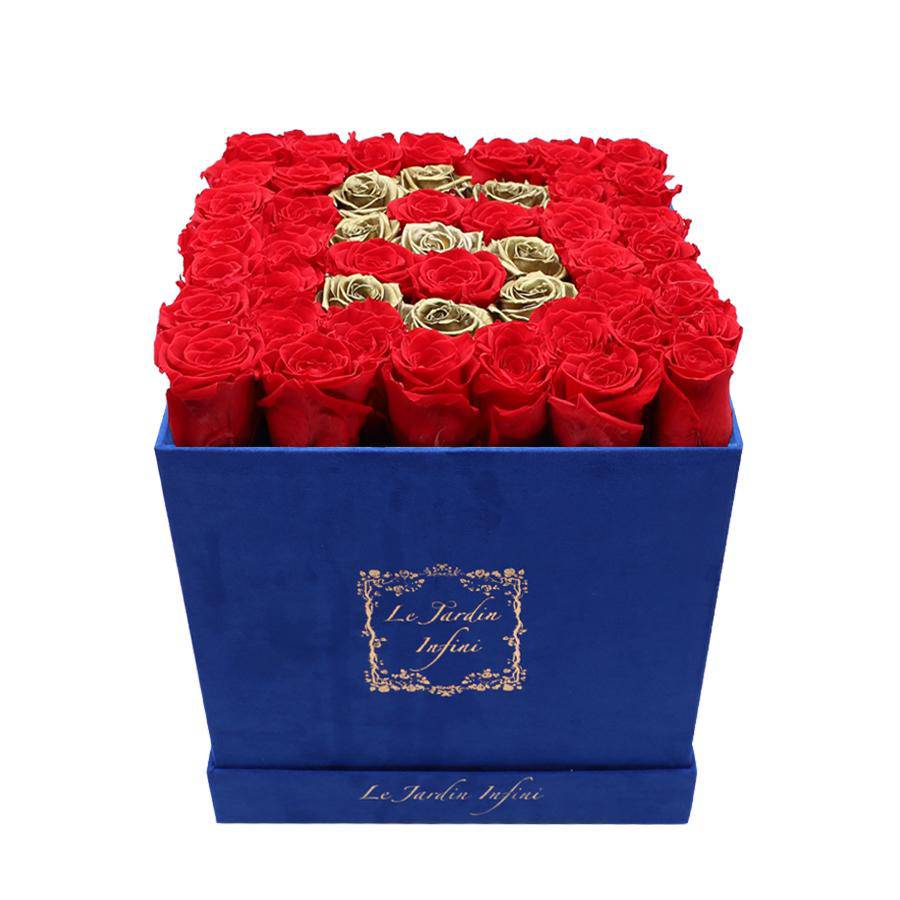 Letter S Gold & Red Preserved Roses - Large Square Luxury Blue Suede Box - Le Jardin Infini Roses in a Box