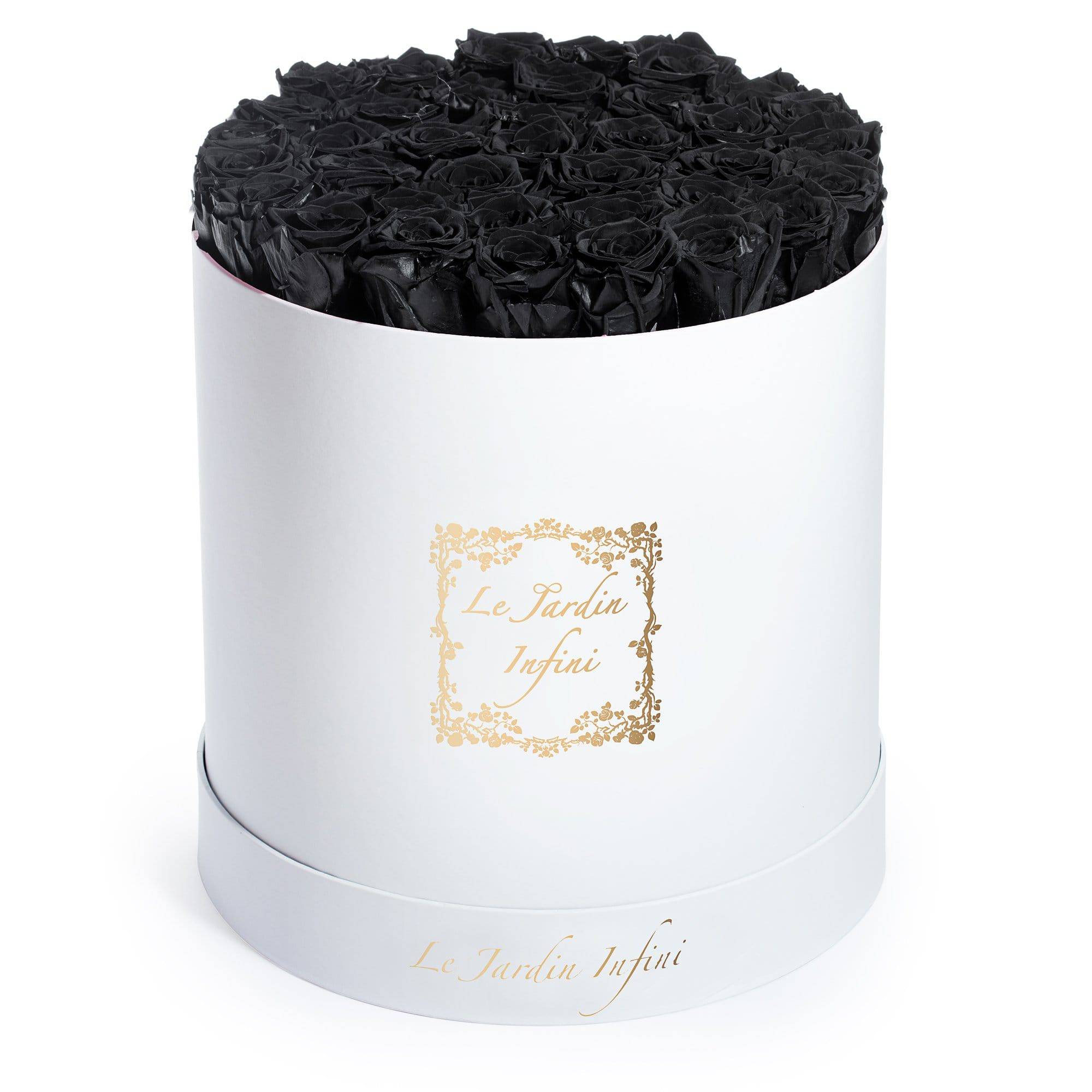 Matte Black Preserved Roses - Large Round White Box - Le Jardin Infini Roses in a Box