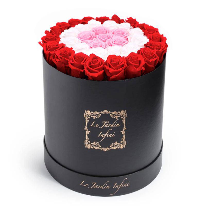 Red, Soft Pink, & White Circles Roses in a Box - Large Round Black Box - Le Jardin Infini Roses in a Box