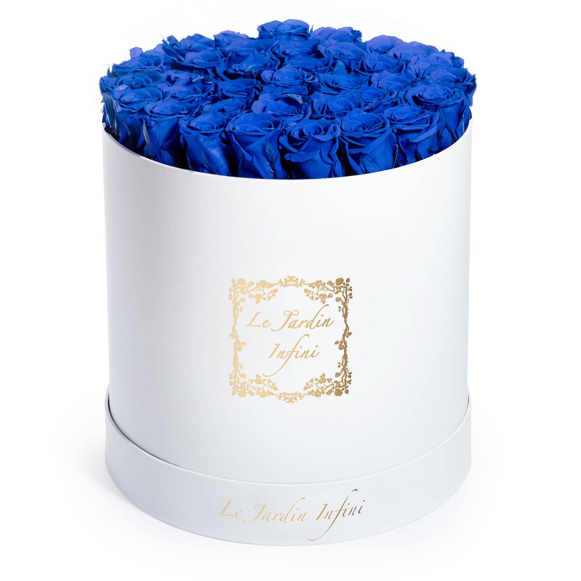 Royal Blue Preserved Roses - Large Round White Box - Le Jardin Infini Roses in a Box