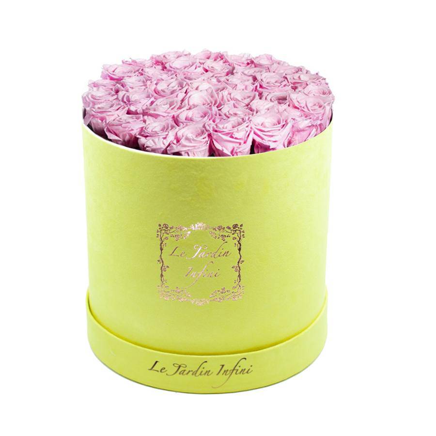 Soft Pink Preserved Roses - Large Round Luxury Yellow Suede Box - Le Jardin Infini Roses in a Box