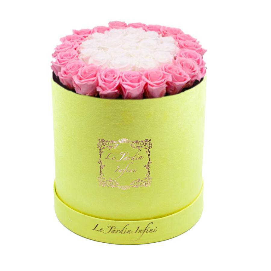 Soft Pink & White Circles Preserved Roses - Large Round Luxury Yellow Suede Box - Le Jardin Infini Roses in a Box