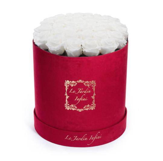 White Preserved Roses - Large Round Luxury Red Suede Box - Le Jardin Infini Roses in a Box