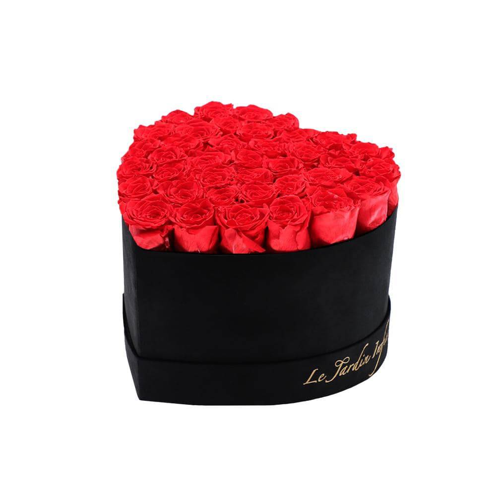 36 Dark Pink Preserved Roses in A Heart Shaped Box- Small Heart Luxury Black Suede Box