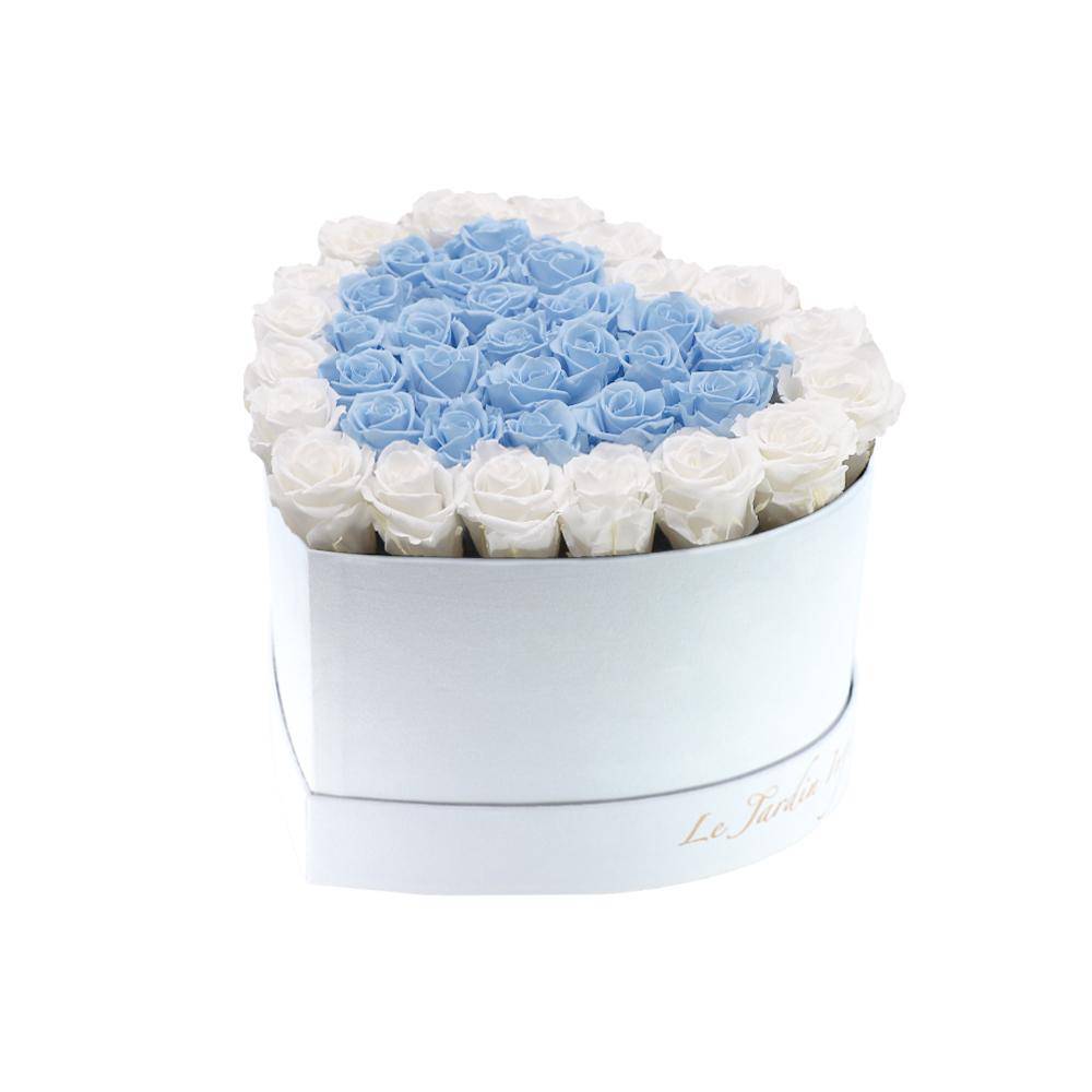 36 White & Light Blue Preserved Roses Double Hearts in A Heart Shaped Box- Small Heart Luxury White Suede Box