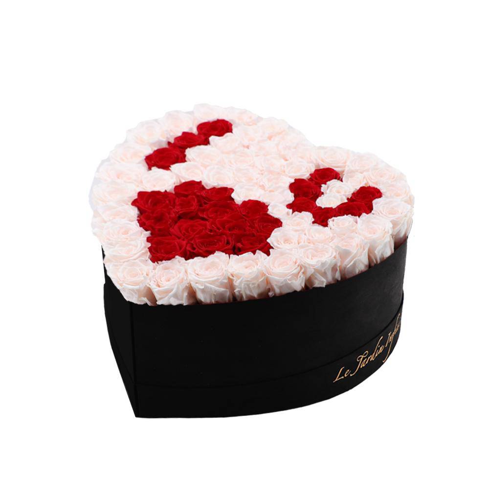 65-75 Champagne & Red Preserved Roses I Heart U in A Heart Shaped Box- Medium Heart Luxury Black Suede Box