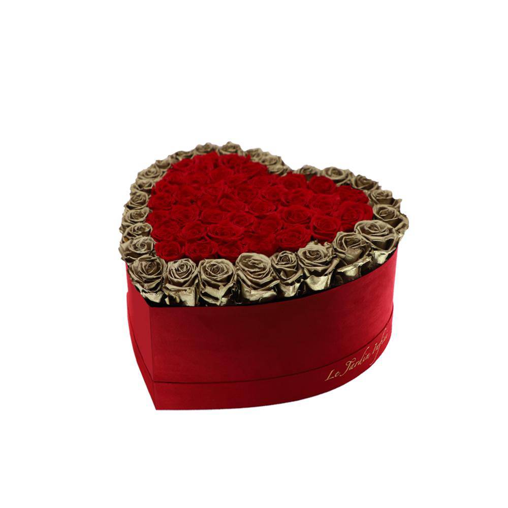 65-75 Red & Gold Preserved Roses Double Hearts in A Heart Shaped Box- Medium Heart Luxury Red Suede Box
