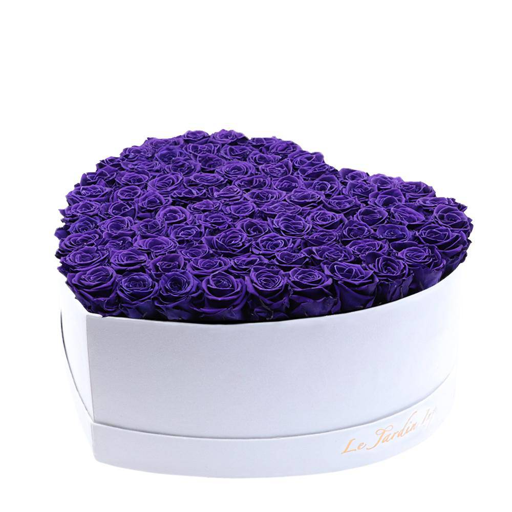 80-100 Purple Preserved Roses in A Heart Shaped Box- Large Heart Luxury White Suede Box