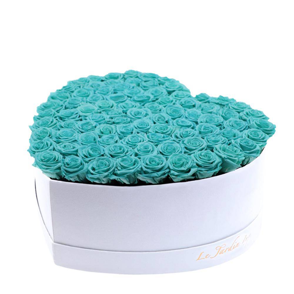 80-100 Turquoise Preserved Roses in A Heart Shaped Box- Large Heart Luxury White Suede Box