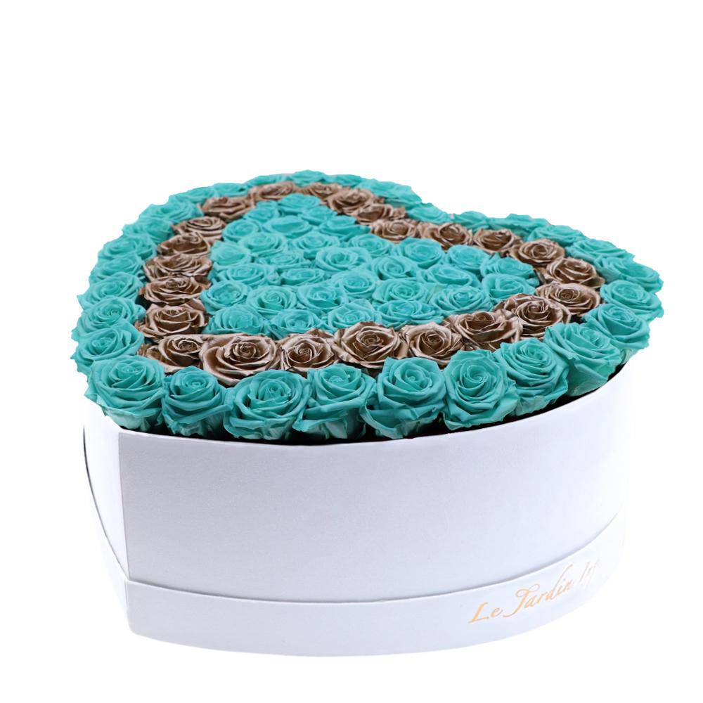80-100 Turquoise & Rose Gold Preserved Roses Double Hearts in A Heart Shaped Box- Large Heart Luxury White Suede Box