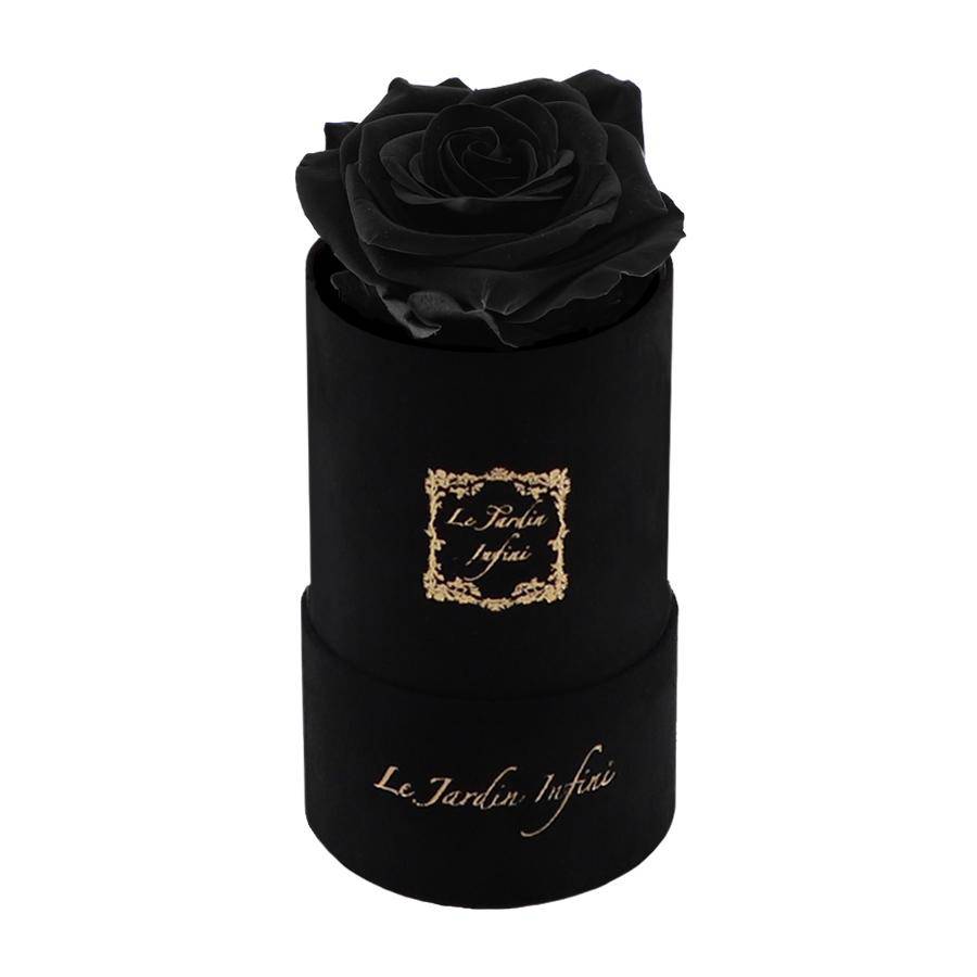 Single Black Preserved Rose - Luxury Small Round Black Suede Box