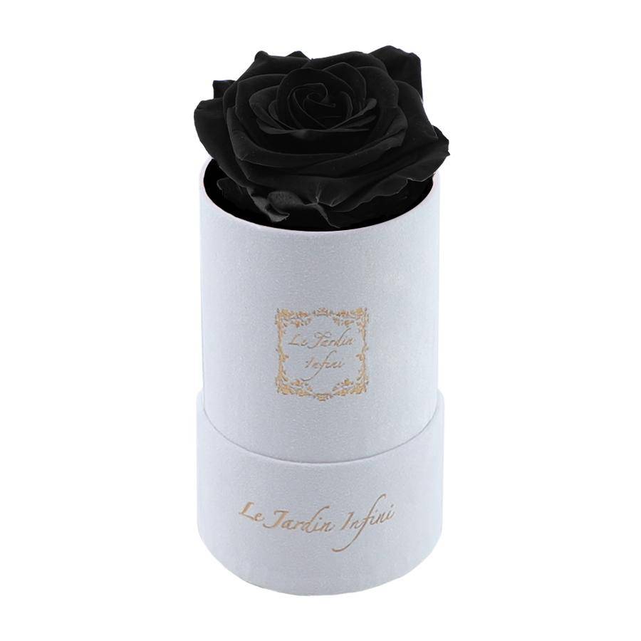 Single Black Preserved Rose - Luxury Small Round White Suede Box