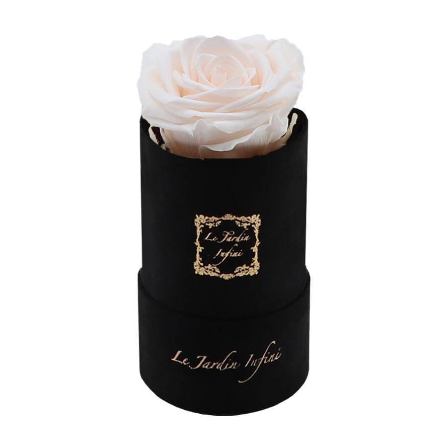 Single Light Champagne Preserved Rose - Luxury Small Round Black Suede Box - Le Jardin Infini Roses in a Box