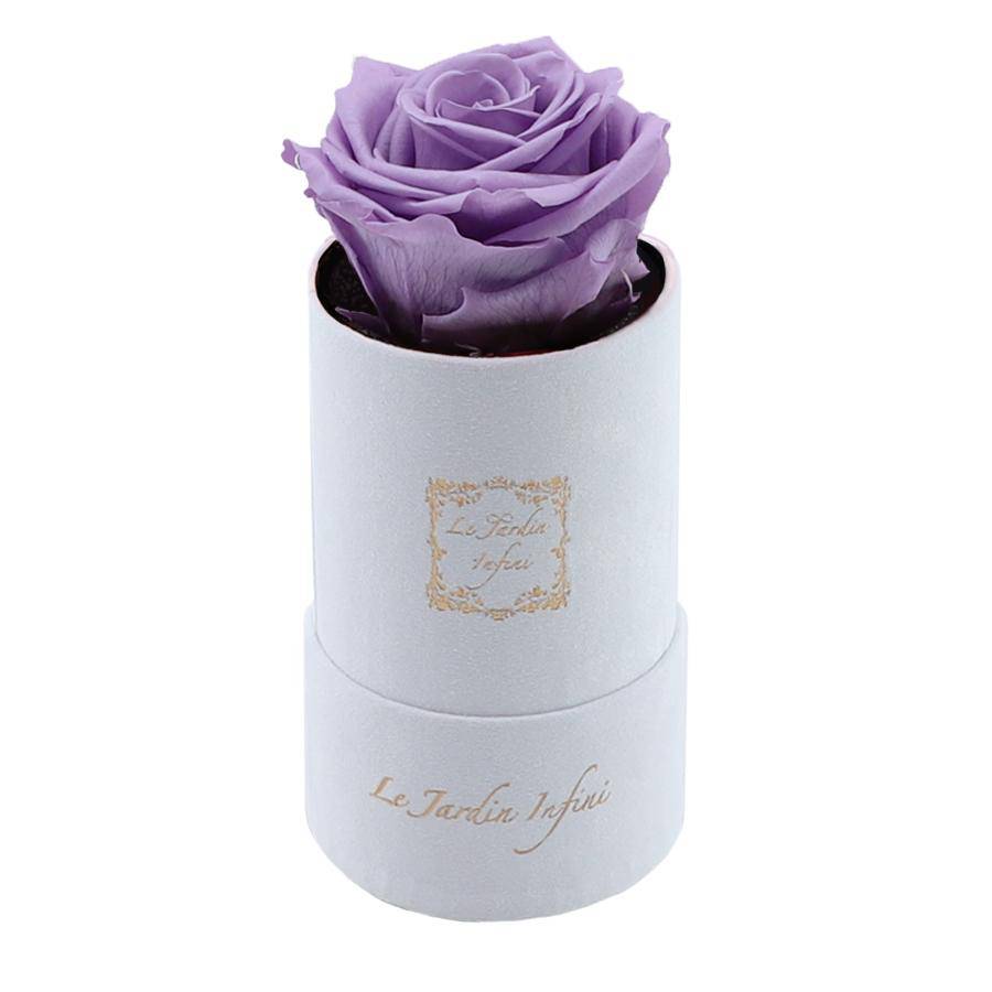 Single Lilac Preserved Rose - Luxury Small Round White Suede Box - Le Jardin Infini Roses in a Box