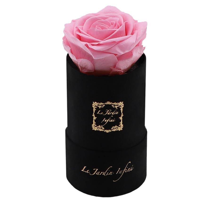 Single Pink Preserved Rose - Luxury Small Round Black Suede Box - Le Jardin Infini Roses in a Box