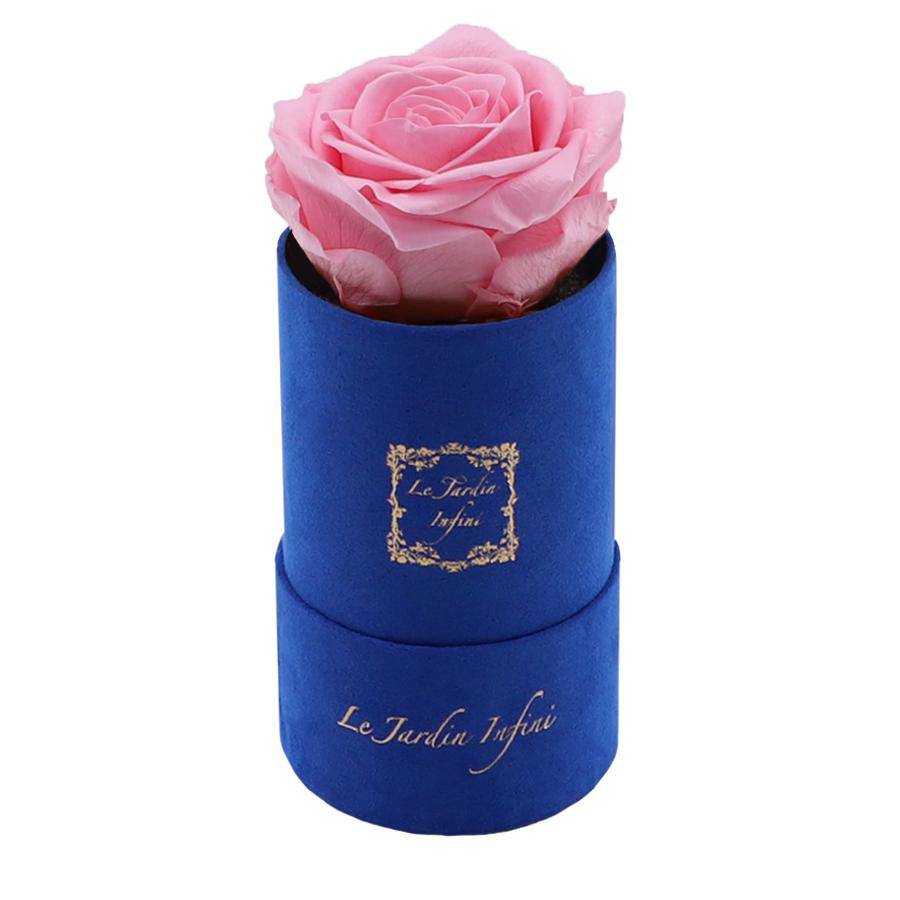 Single Pink Preserved Rose - Luxury Small Round Blue Suede Box - Le Jardin Infini Roses in a Box