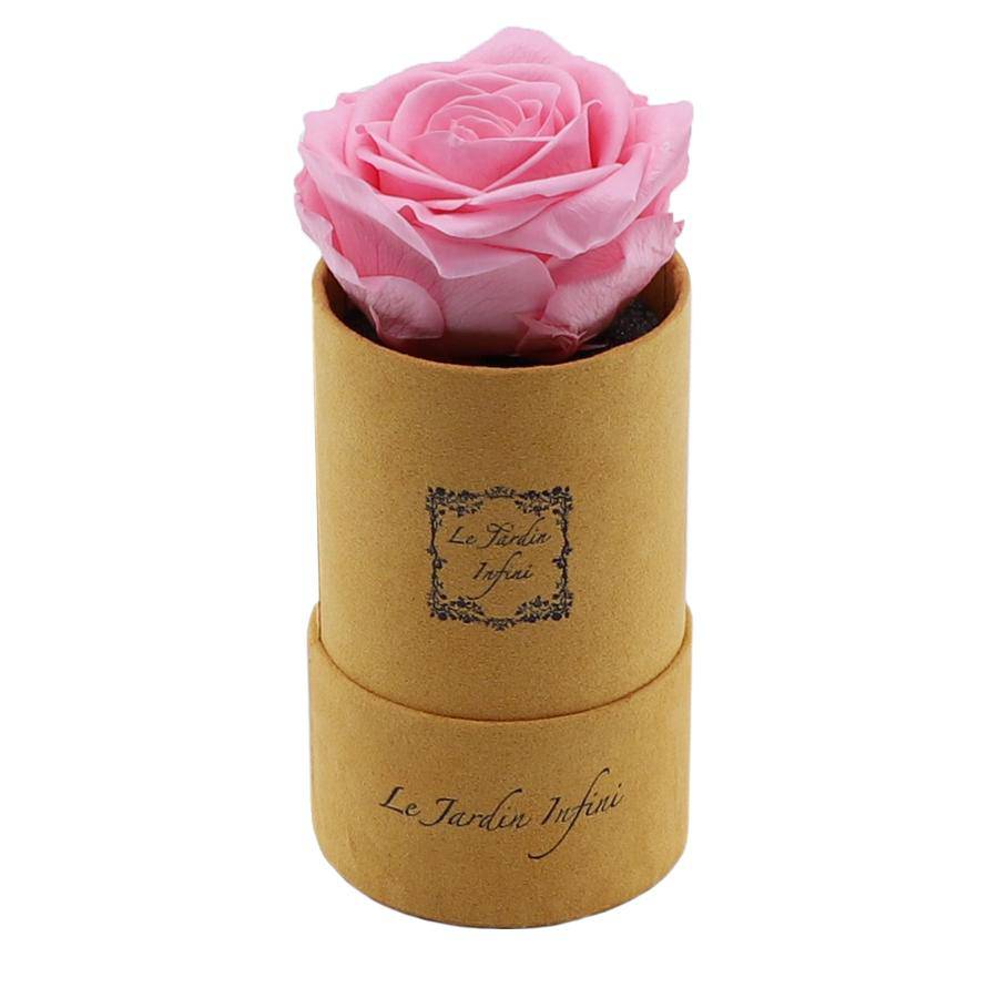 Single Pink Preserved Rose - Luxury Small Round Gold Suede Box - Le Jardin Infini Roses in a Box
