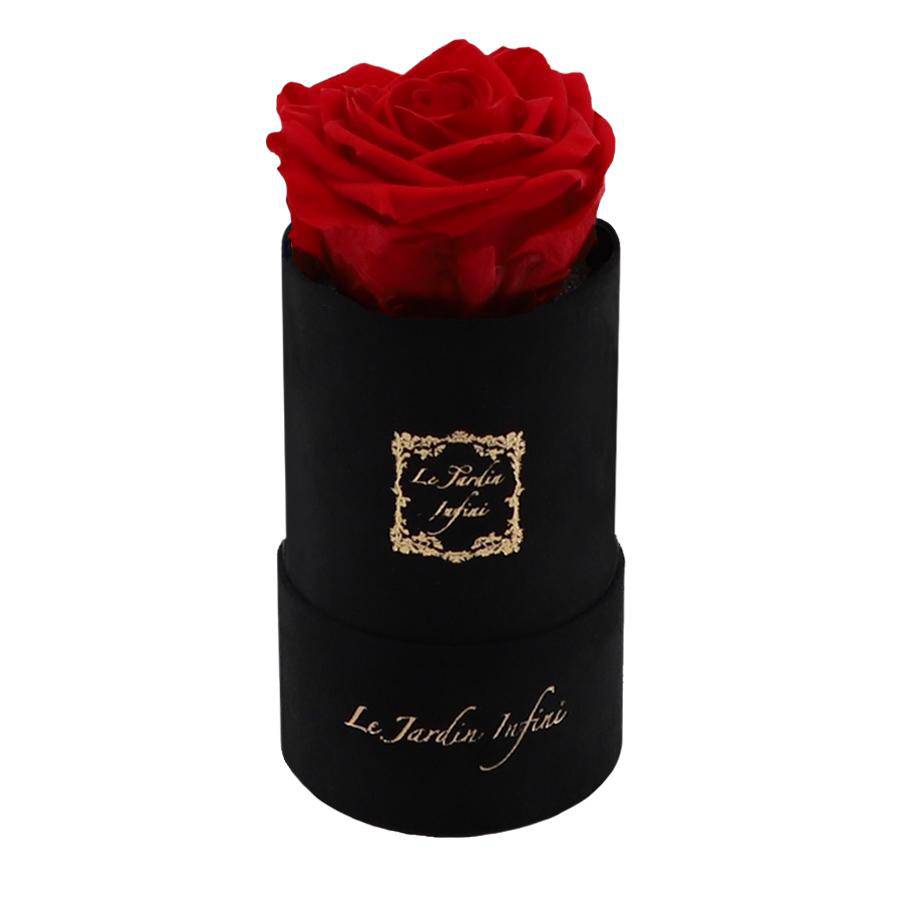 Single Red Preserved Rose - Luxury Small Round Black Suede Box - Le Jardin Infini Roses in a Box