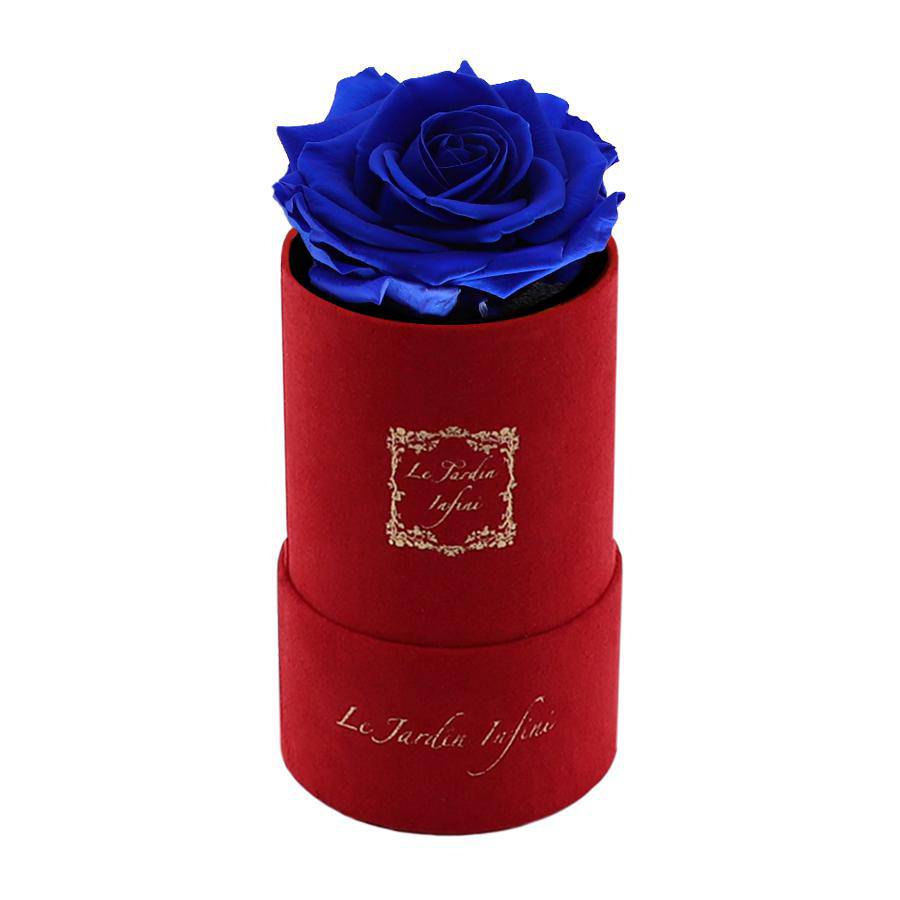 Single Royal Blue Preserved Rose - Luxury Small Round Red Suede Box