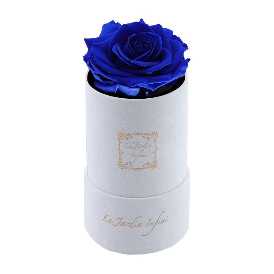 Single Royal Blue Preserved Rose - Luxury Small Round White Suede Box