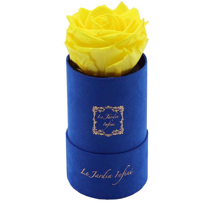 Single Yellow Preserved Rose - Luxury Small Round Blue Suede Box - Le Jardin Infini Roses in a Box