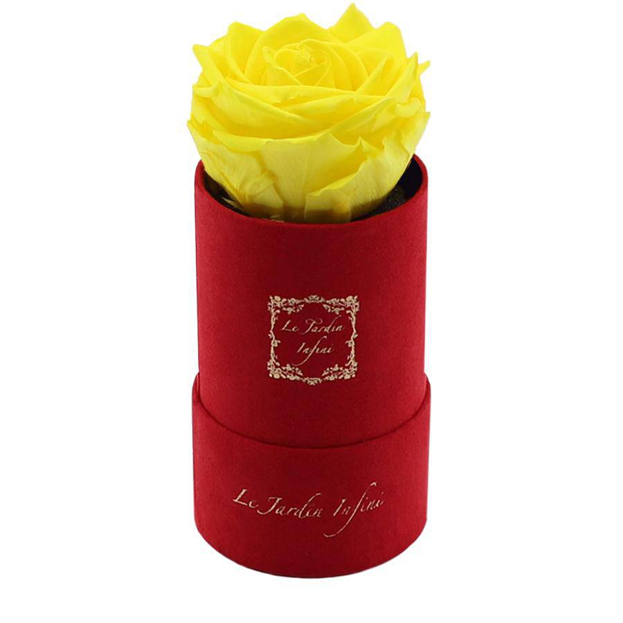 Single Yellow Preserved Rose - Luxury Small Round Red Suede Box - Le Jardin Infini Roses in a Box