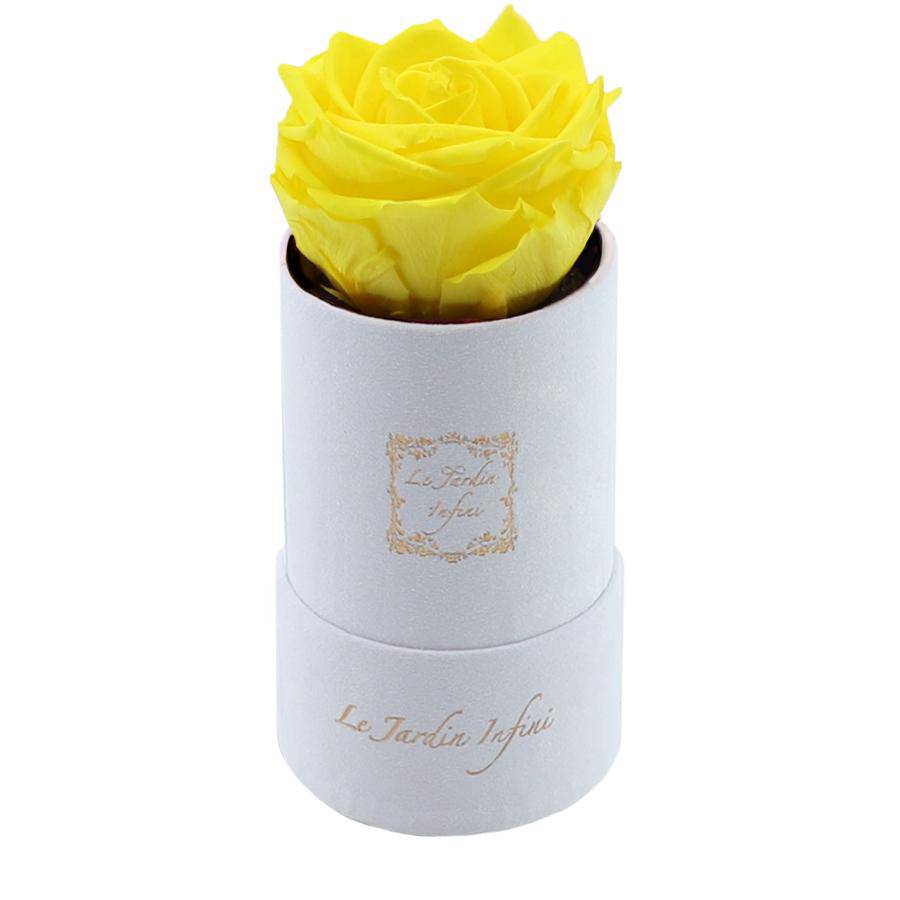 Single Yellow Preserved Rose - Luxury Small Round White Suede Box - Le Jardin Infini Roses in a Box
