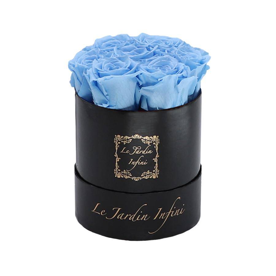 7 Baby Blue Preserved Roses - Luxury Round Shiny Black Box