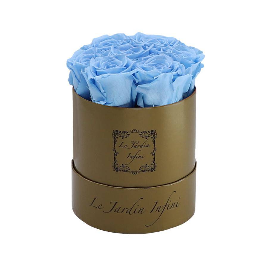 7 Baby Blue Preserved Roses - Luxury Round Shiny Gold Box