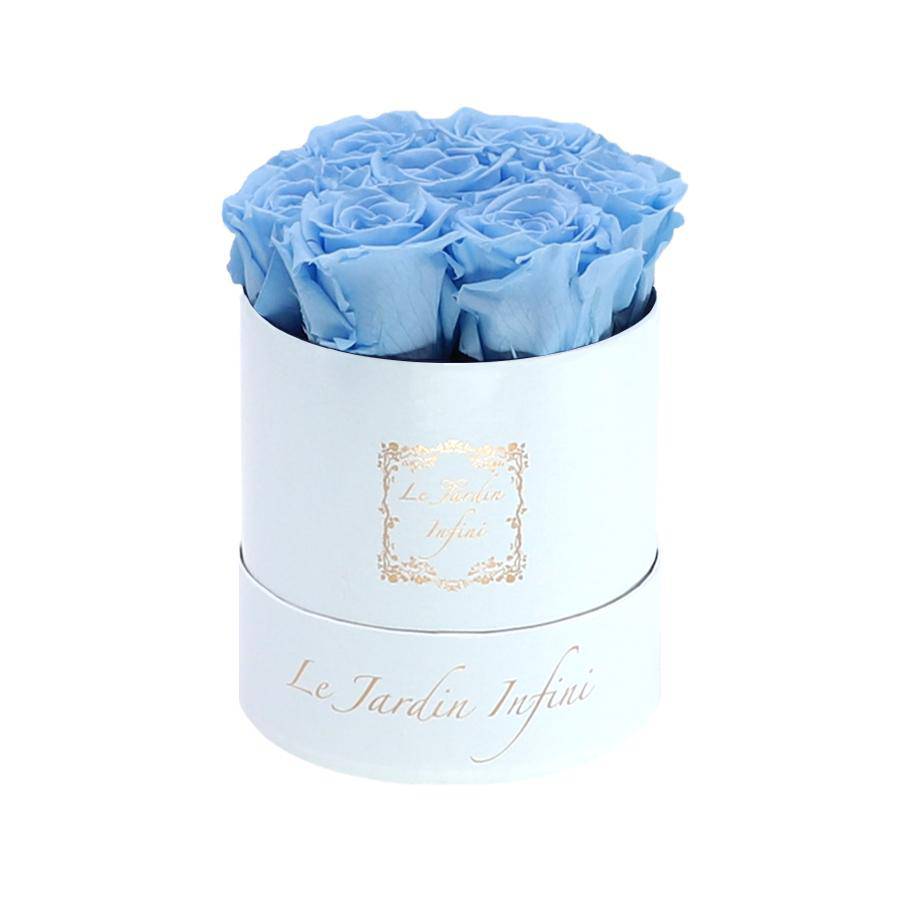 7 Baby Blue Preserved Roses - Luxury Round Shiny White Box