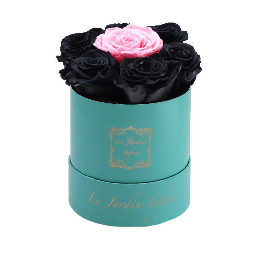 7 Black & Pink Dot Preserved Roses - Luxury Round Shiny Turquoise Box
