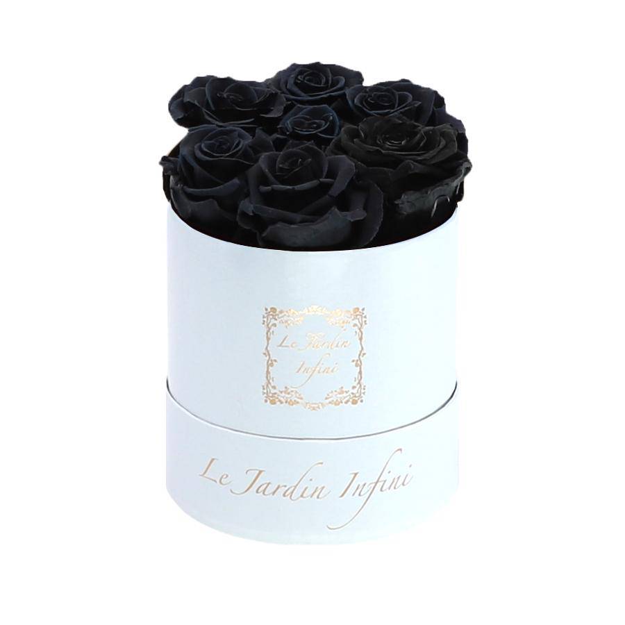 7 Black Preserved Roses - Luxury Round Shiny White Box