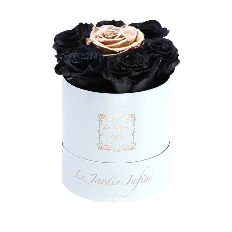 7 Black & Rose Gold Dot Preserved Roses - Luxury Round Shiny White Box