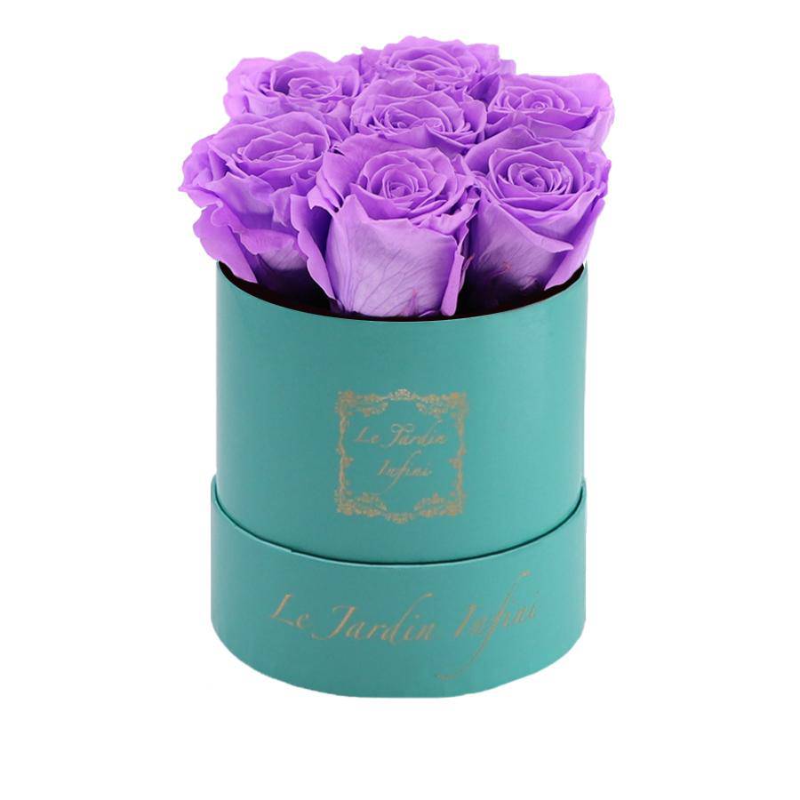 7 Bright Lilac Preserved Roses - Luxury Round Shiny Turquoise Box