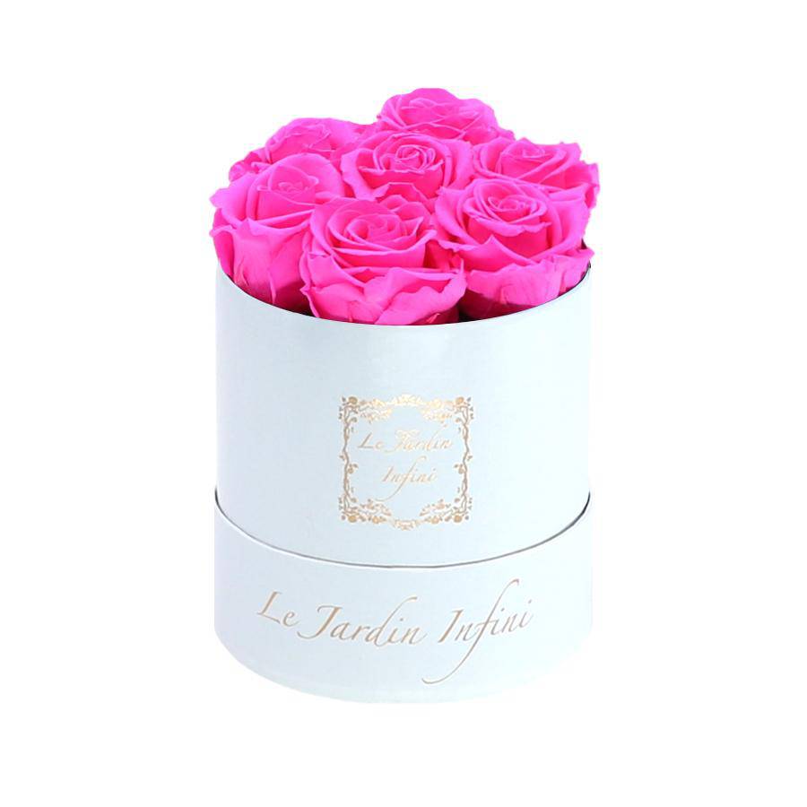 7 Bright Pink Preserved Roses - Luxury Round Shiny White Box