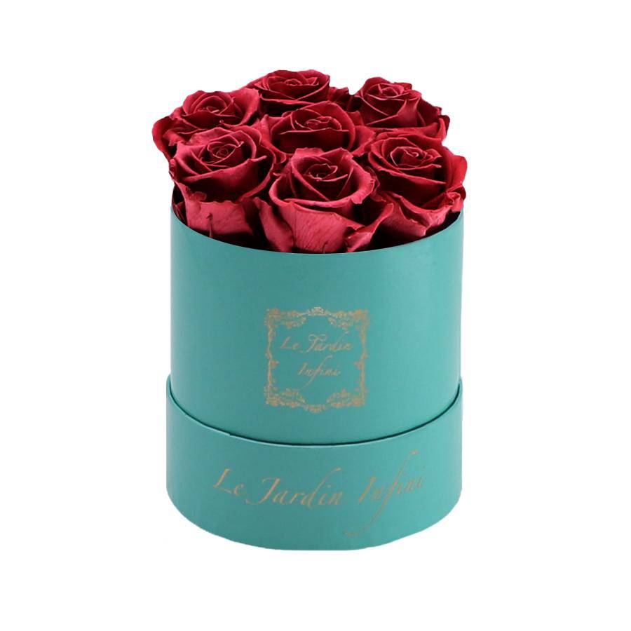 7 Cherry Preserved Roses - Luxury Round Shiny Turquoise Box