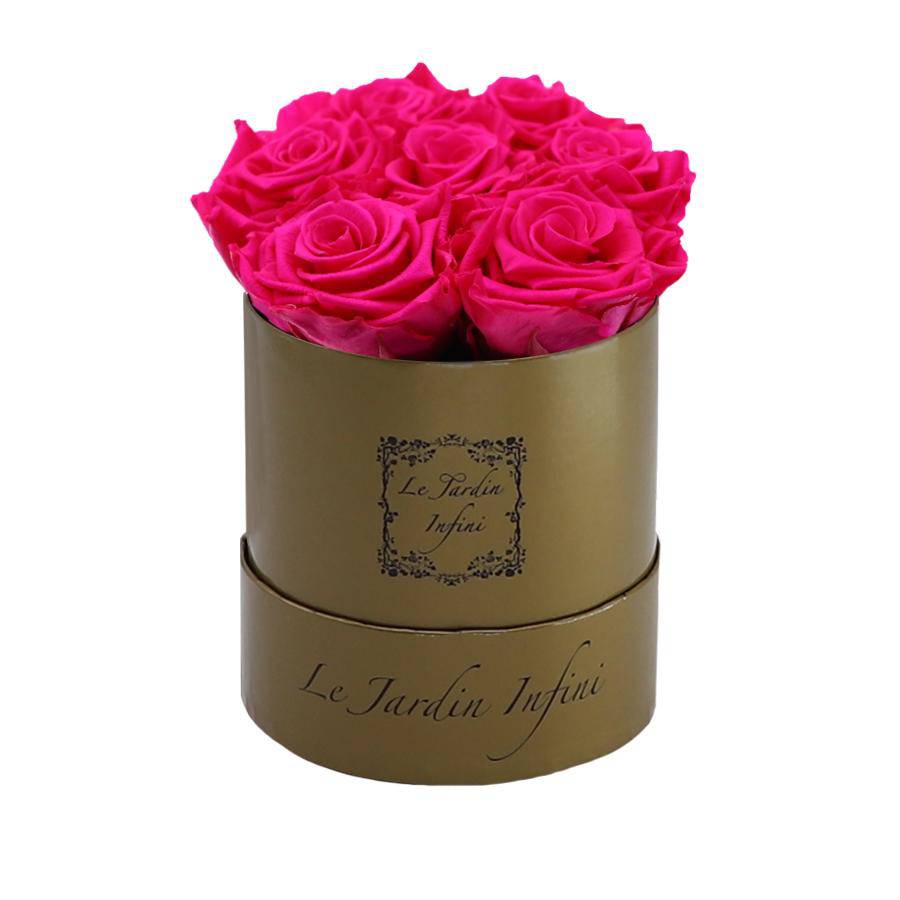 7 Fuchsia Preserved Roses - Luxury Round Shiny Gold Box