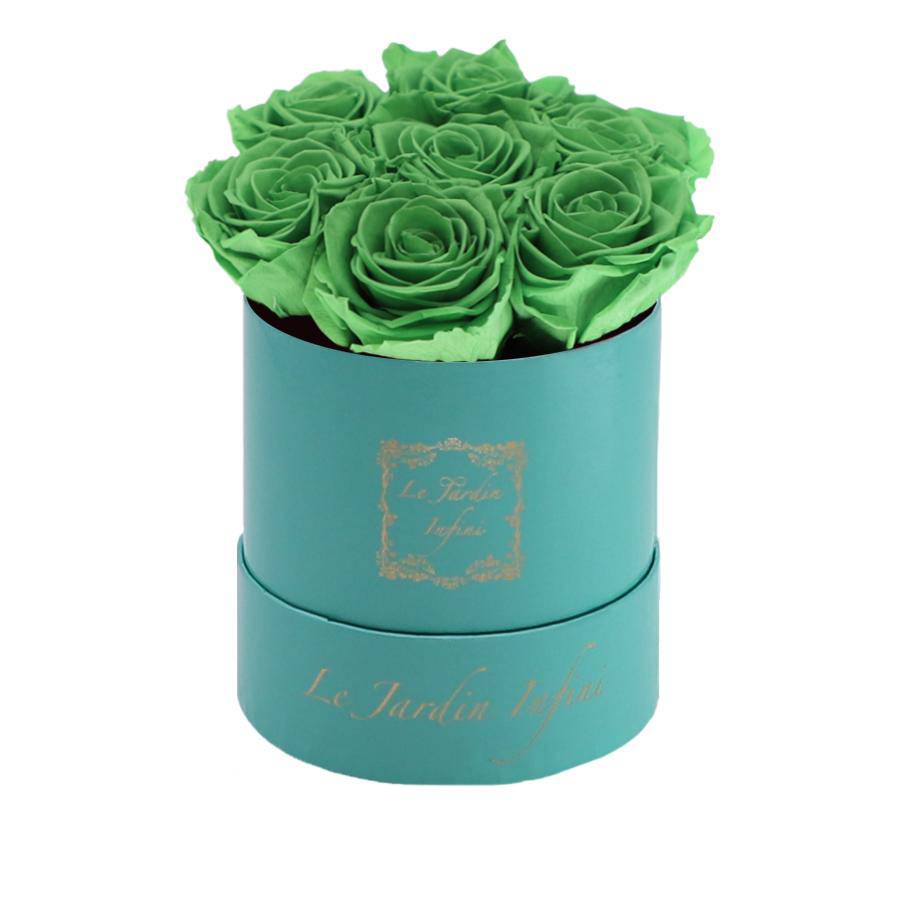 7 Green Tea Preserved Roses - Luxury Round Shiny Turquoise Box
