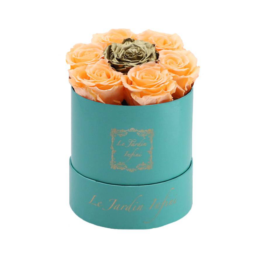 7 Peach & Gold Dot Preserved Roses - Luxury Round Shiny Turquoise Box