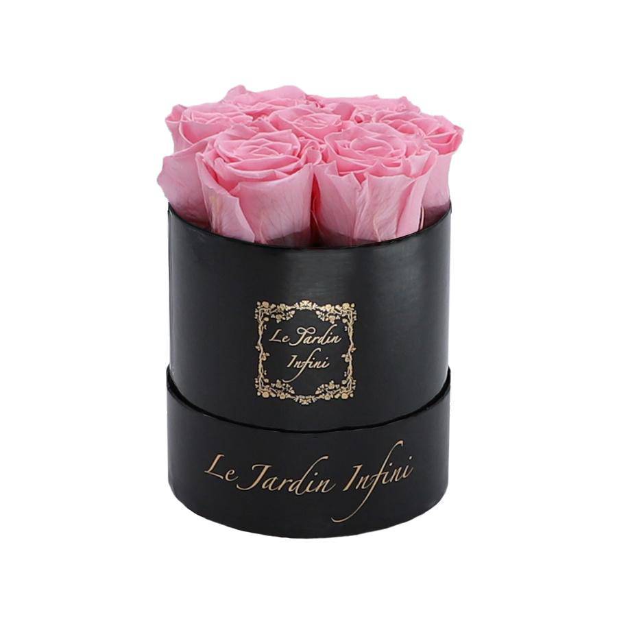 7 Pink Preserved Roses - Luxury Round Shiny Black Box