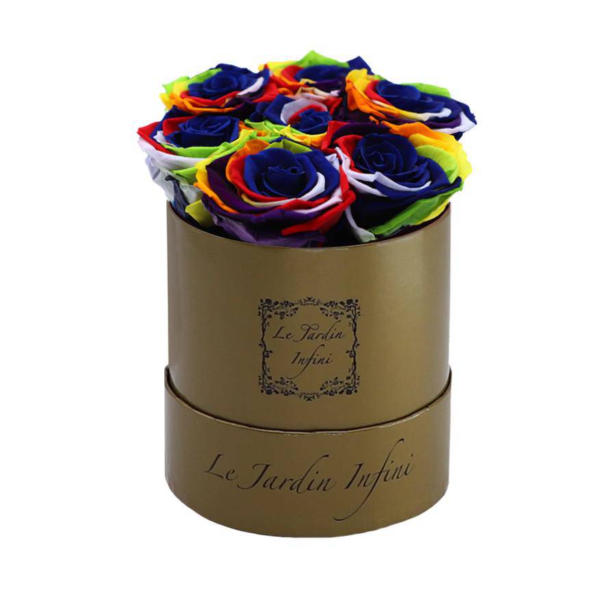 7 Rainbow Preserved Roses - Luxury Round Shiny Gold Box