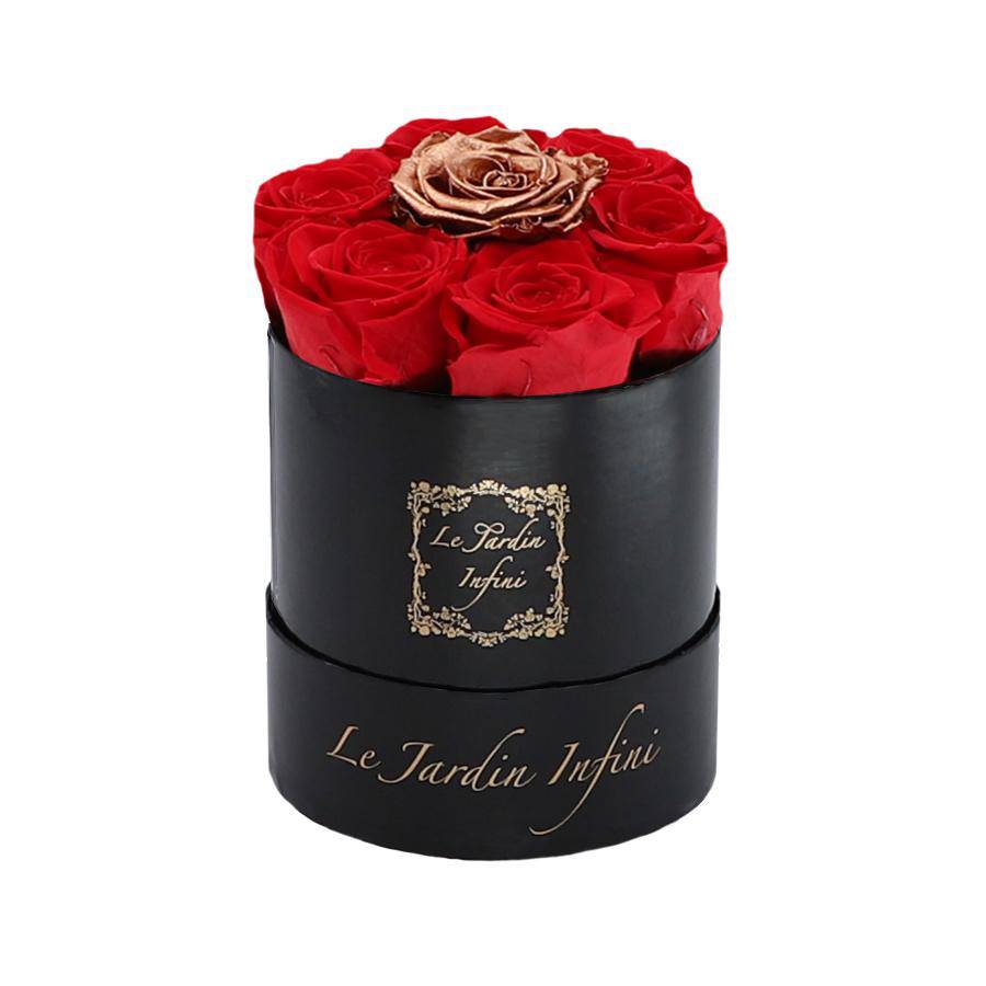 7 Red & Copper Dot Preserved Roses - Luxury Round Shiny Black Box