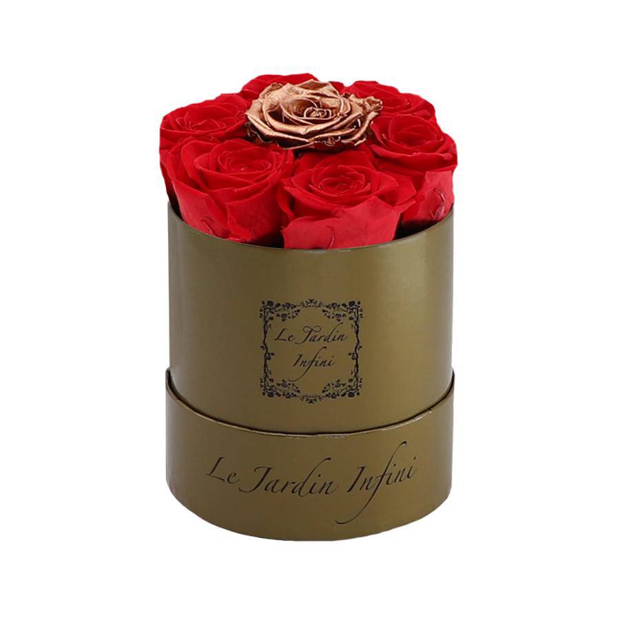 7 Red & Copper Dot Preserved Roses - Luxury Round Shiny Gold Box