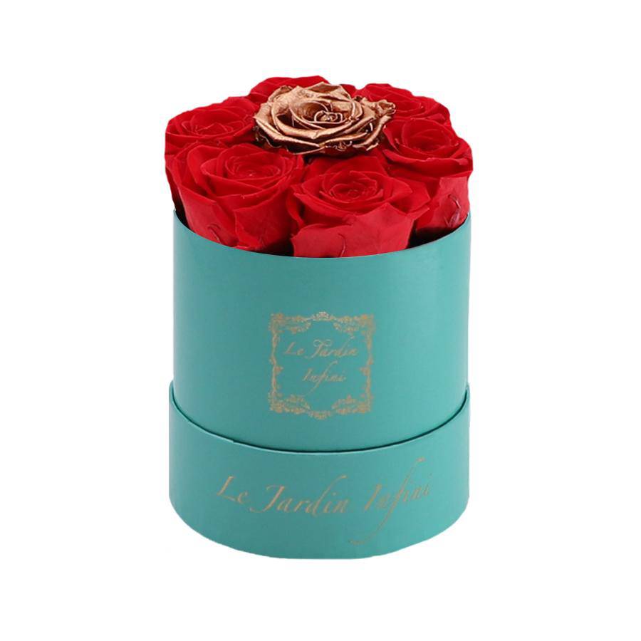 7 Red & Copper Dot Preserved Roses - Luxury Round Shiny Turquoise Box